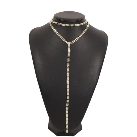 2/$24 Rhinestone Gold Crystal Choker Y-Lariat Necklace Adjustable Chain Elegant - Picture 3 of 7